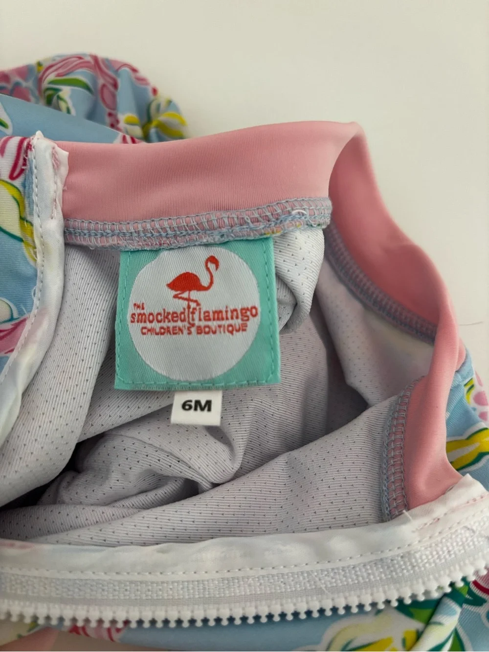 Smocked Flamingo Swimsuit - Pink & Light Blue Floral - 6M